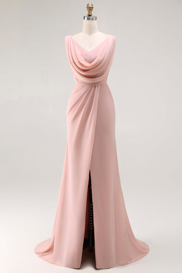 Blush Pink Mermaid Cowl Neck Bridesmaid Dress With Slit